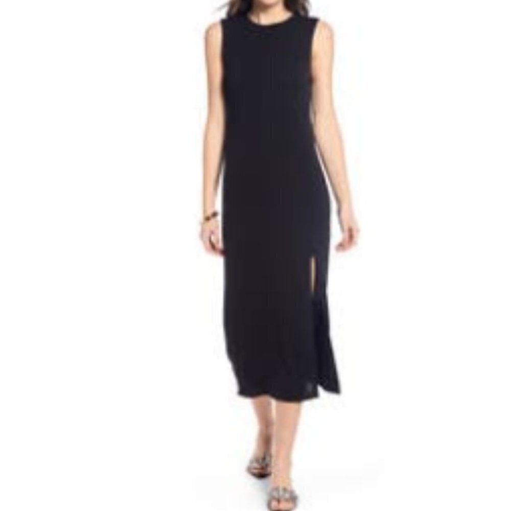 Something Navy Black Knit midi dress with front slit S